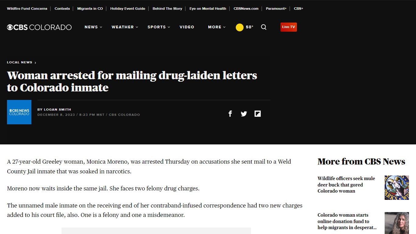 Woman arrested for mailing drug-laiden letters to Colorado inmate